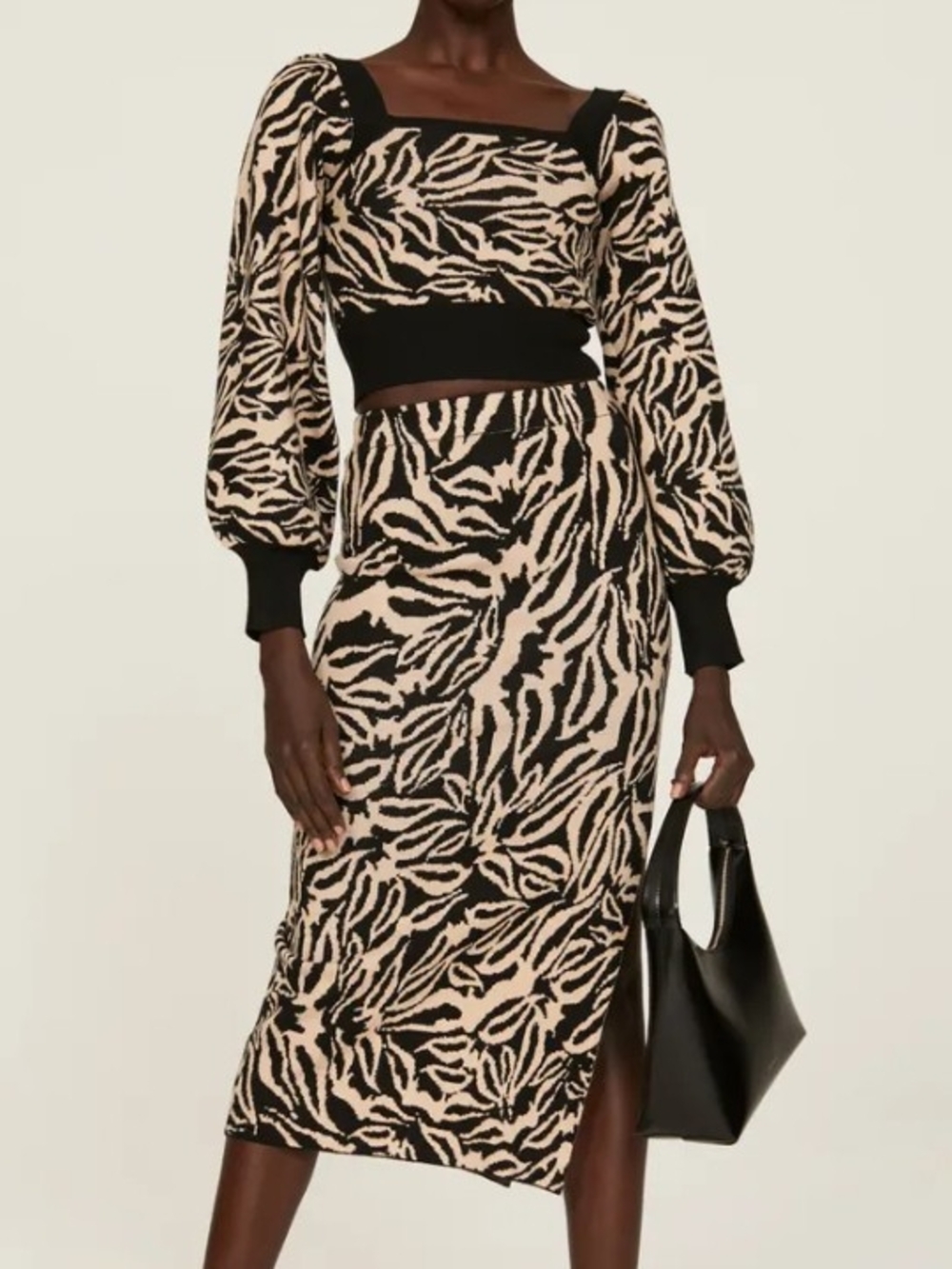Beige and Black Zebra-Print Midi Skirt